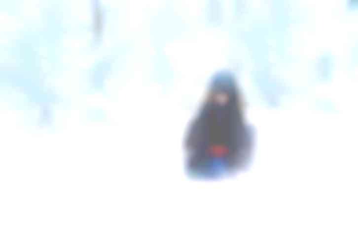 Boy sledding in the snow during winter.